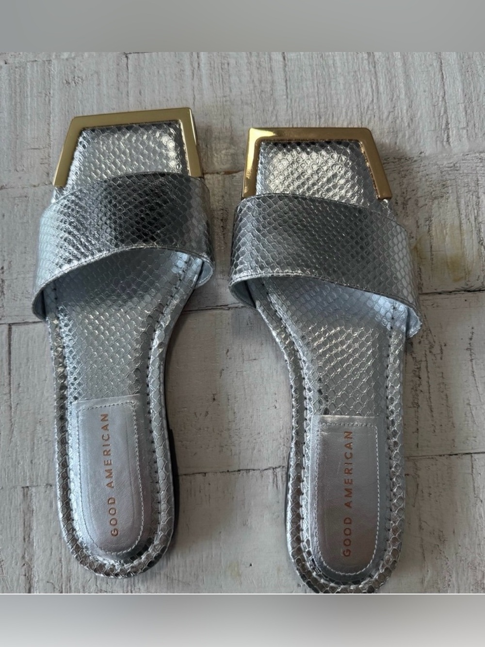 Good American Silver Metallic Square-Toe Slide Sandals